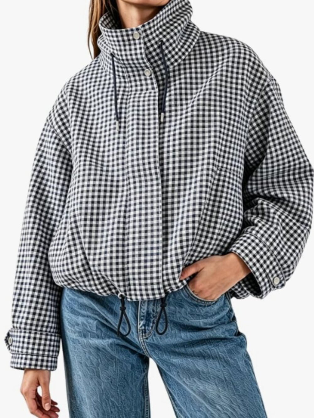 Women Gingham Zipper Bomber Jacket Stand Collar Long Sleeve Cropped Outwear